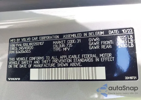 2024 Volvo Xc40 B5 Plus Dark Theme из США, поврежденный, VIN YV4L12ULXR2293107